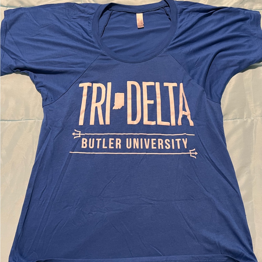 Soft, blue tri, delta, Butler University shirt